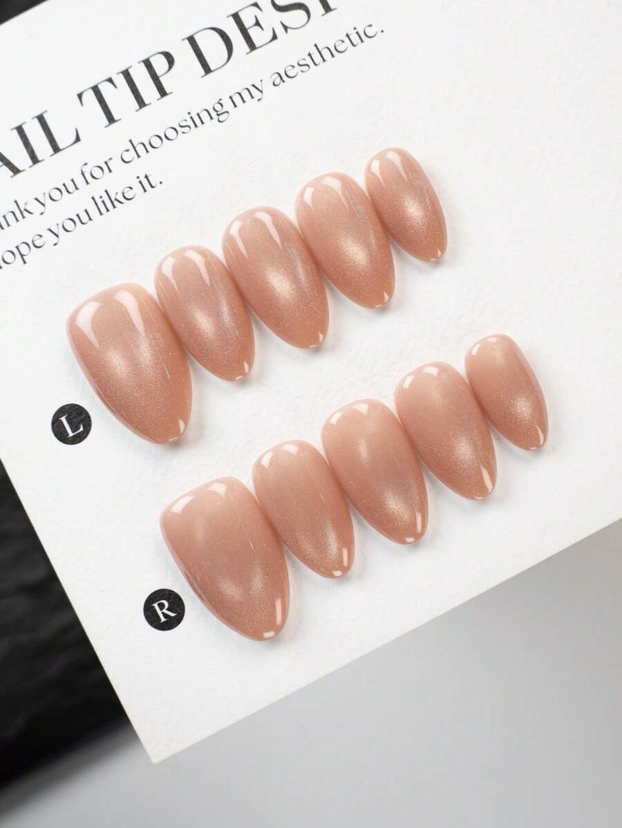 10片粉色手工猫眼假指甲，短边设计，杏仁形，独特的亚克力美甲用品套装，包含1个迷你指甲锉和1张贴纸，是夏季DIY美甲和音乐节派对的理想之选 - 粉色 - 查看 1