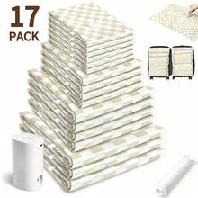 14/17 Pack Vacuum Storage Bags With Electric Pump, With Hand Pump, Vacuum Seal Bags Travel, Compression Vacuum Seal, Space Saver Plastic Packaging Bags For Clothes, Blankets, Pillow, Bedding, Comforters, Travel Essentials Vacuum Machine - 黃卡其格子-17pcs - 查看 1