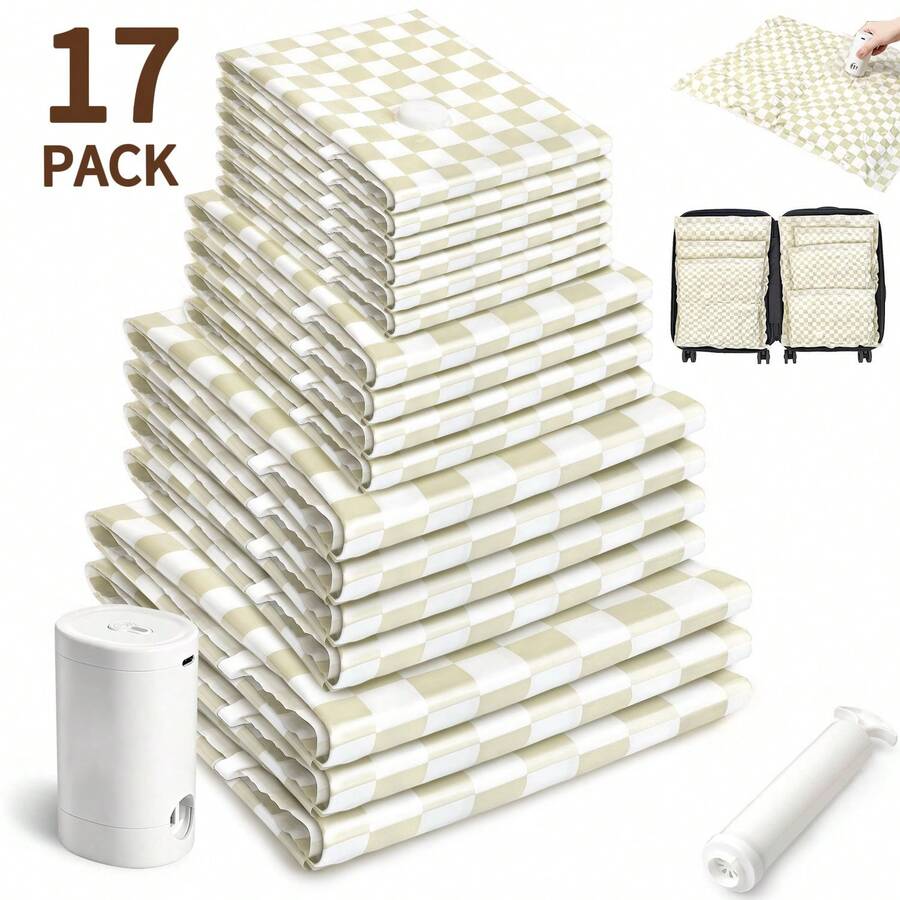 14/17 Pack Vacuum Storage Bags With Electric Pump, With Hand Pump, Vacuum Seal Bags Travel, Compression Vacuum Seal, Space Saver Plastic Packaging Bags For Clothes, Blankets, Pillow, Bedding, Comforters, Travel Essentials Vacuum Machine - 黃卡其格子-17pcs - 查看 1