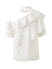 French Elegant Ruffle Asymmetrical Shoulder Short Sleeve Chiffon Top, Unique Design Summer Top For Women White - White - View 7