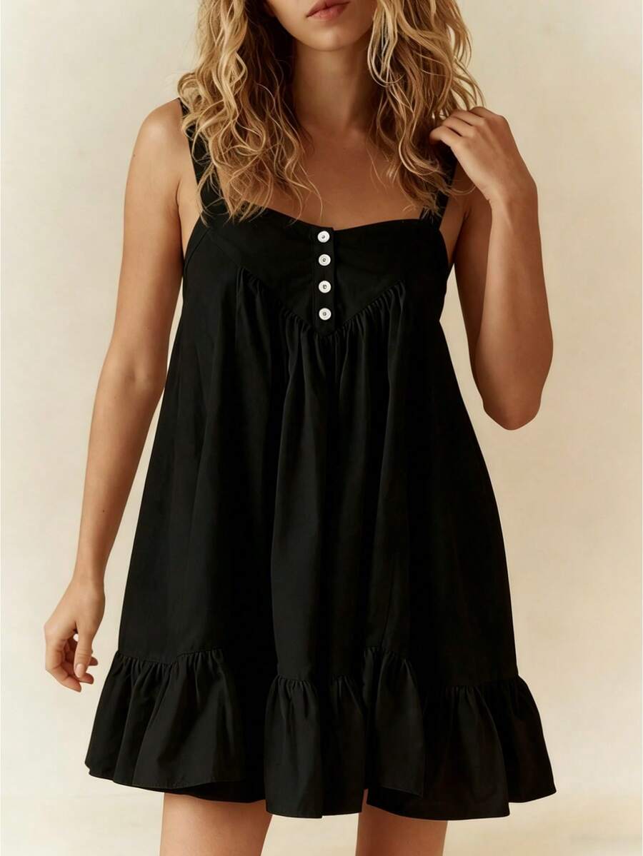 Women's Dresses Sleeveless Square Neck Button Front Ruffle A-Line Flowy Dress Mini Bubble Dress Solid Shirred Short Dress Summer Vacation Outfit - màu đen - Xem 1