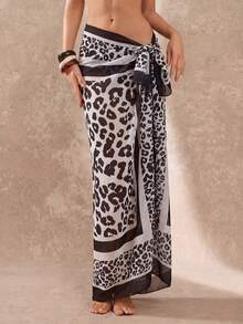 1pc Leopard Print Elastic Mesh Sarong, Fashionable Women Beach Cover Up Skirt, Holiday Beach With Tie Design Vacation Summer Black - Black - View 3