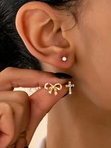 Bộ 6 đôi bông tai hình thánh giá và nơ đính đá sang trọng dành cho nữ. - Vàng - Xem 1