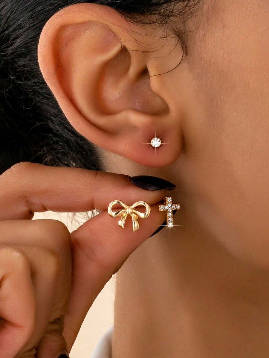 Bộ 6 đôi bông tai hình thánh giá và nơ đính đá sang trọng dành cho nữ. - Vàng - Xem 1