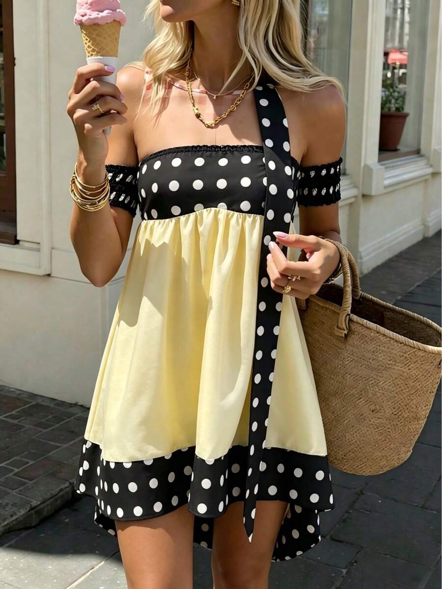 Vestido mini brillante y sexy sin mangas con espalda descubierta y lunares, vestido de fiesta ajustado y ceñido de tela de punto asimétrica para mujeres - Negro - Ver 1