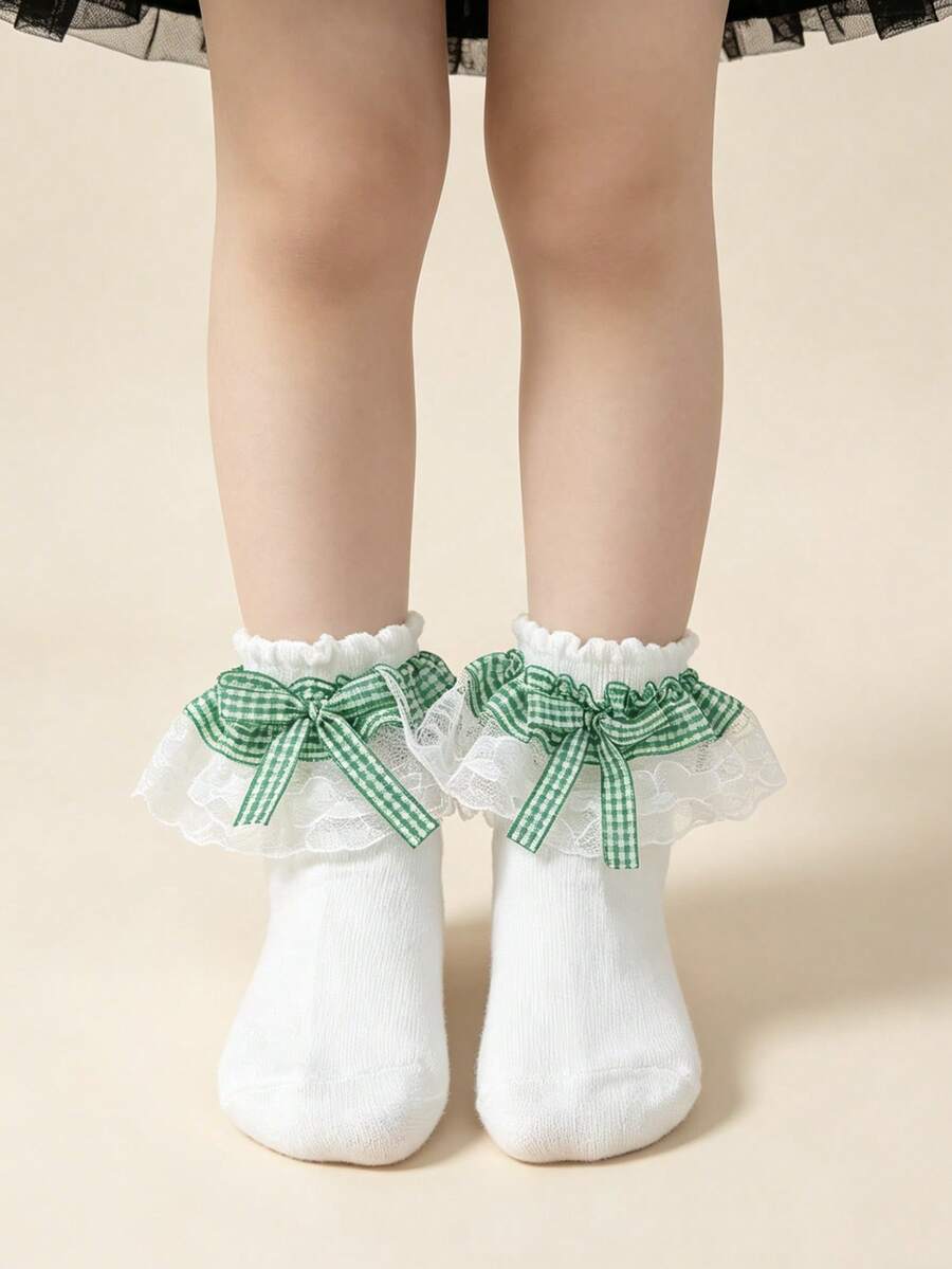 1 Pasang Kaos Kaki Anak-anak Katun Motif Renda Kotak-kotak Pita Ruffle untuk Pesta Dansa Putri Modis Serbaguna - Hijau - View 1
