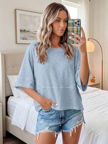 Women's Casual Polyester T-Shirt With Asymmetrical Neck, Half Sleeve, Drop Shoulder, And Exposed Seam Details, Regular Length, Slight Stretch Fabric - 藍色 - 查看 6