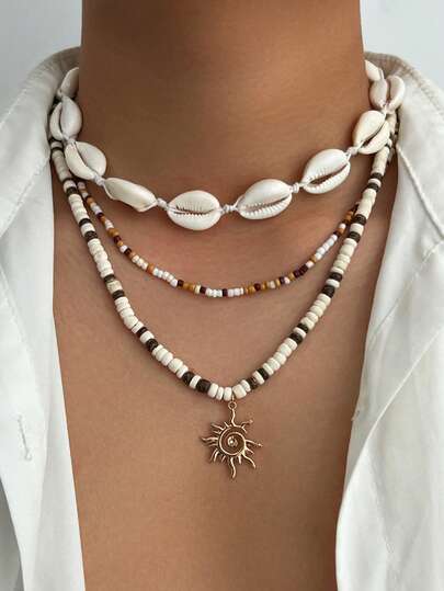 3 قطع طقم قلادة من قذيفة جوز الهند بطراز بوهيمي، قلادة بقلادة شمسية حلزونية، قلادة صدفية، مناسبة لارتداء الرجال في حفلات العطلات، هدية مجوهرات