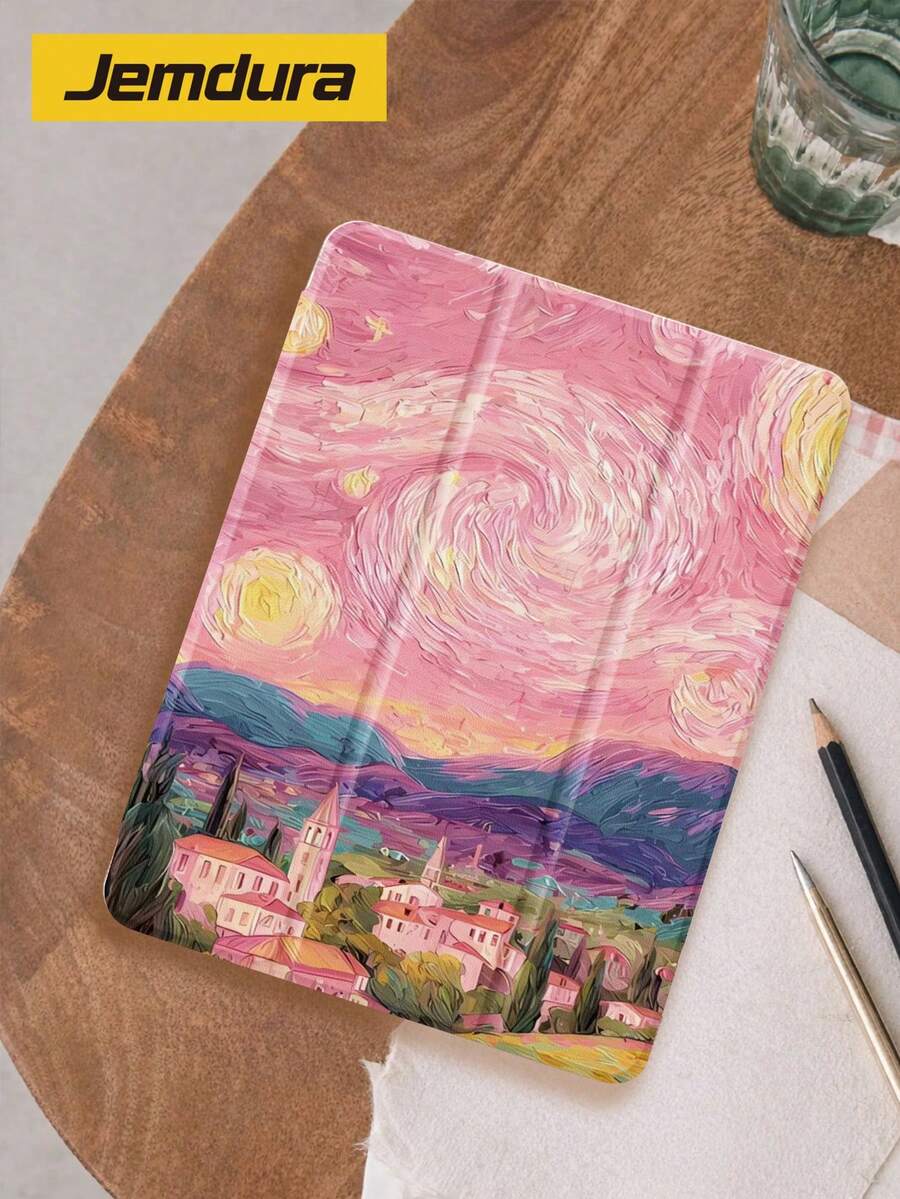 油画风格粉色星空印花平板电脑保护套，三折支架保护壳，兼容 iPad 10.2 英寸、Pro 2021/2020 款、第九/十代 (A16) 11 英寸、第十一代 2025 款、Galaxy Tab A8 10.5 英寸 2022 款、Matepad 10.4 英寸/Tab 平板电脑，防摔，带笔槽，支持睡眠/唤醒功能，送给孩子/家人的理想礼物