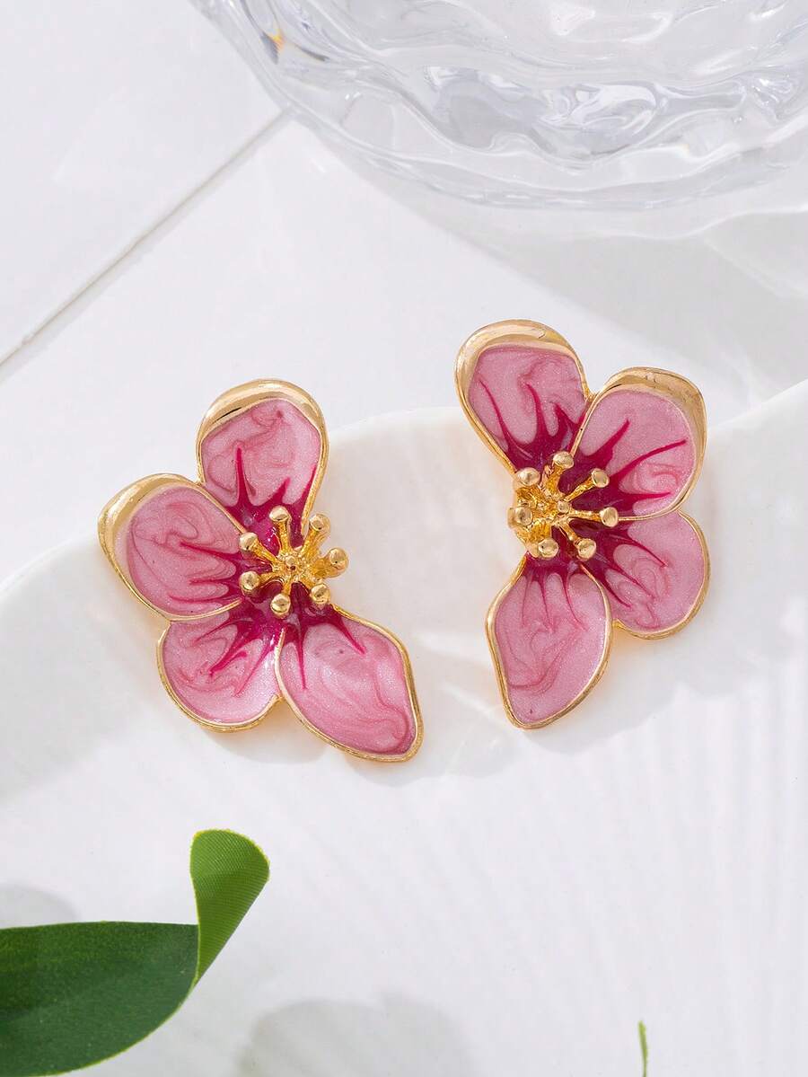 1 par de elegantes pendientes de botón con flor media de esmalte degradado rosa estilo francés retro, hechos a mano y versátiles, adecuados para la playa, citas, viajes, el mejor regalo para la novia - Multicolor - Ver 1