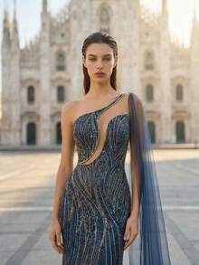 Elegant Navy Blue Handcrafted Beaded Mermaid Evening Gown, Versatile For Formal Dinners, Graduations And Debutante Balls Party Spring Fall Wedding - Navy Blue - View 3