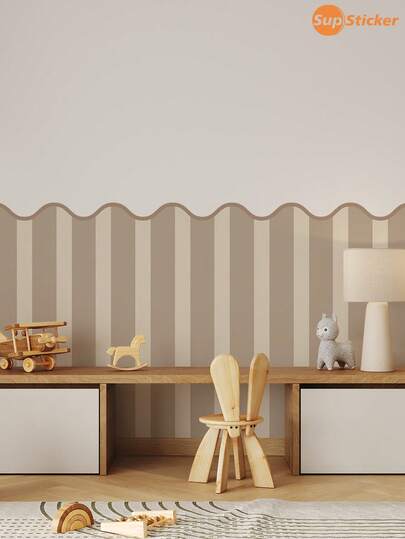 SUPSTICKER 1 pieza Adhesivo de pared de rayas verticales con borde ondulado de estilo minimalista moderno, material de PVC, adecuado para la decoración de la habitación de los niños, DIY, autoadhesivo, removible sin dejar rastro, resistente al agua, guardería, dormitorio de niños, área de estudio, tamaño: 29,7 * 90 cm