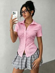 1pc Solid Color Woven Fabric Front Button Fitted Blouse For Office Wear Summer - Baby Pink - View 7