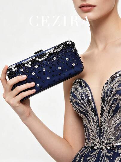女士晚宴包，奢华海军蓝缎面手拿包，饰有亮片和串珠，金属框架，可拆卸链条肩带，单肩斜挎手提包，适合订婚、婚礼、派对、宴会、正式场合，可搭配旗袍，优雅时尚配饰。