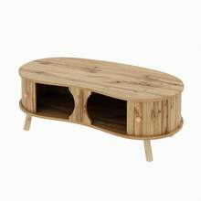 Pea-Shaped Coffee Table With Grooved Pattern, 2 Sliding Doors, Living Room Table, Wood Look, Solid Wood Legs, MDF Material - Natural Wood Color - View 9