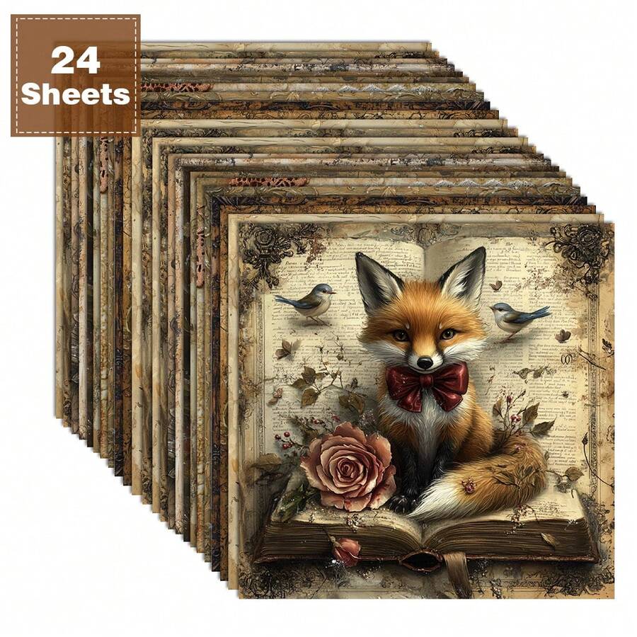 24pcs 6*6 Inch Vintage Countryside Fox & Floral Decorative Papers, Suitable For Scrapbooking, Origami, Handcraft Projects, DIY Paper, Scrapbook, Bullet Journal, Cards, Gift Wrapping, Home Decor - Square - View 1