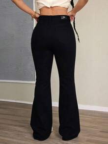 Black Denim Flared Trousers, Mid-Rise, Fitted And Stretchy - Black - View 2