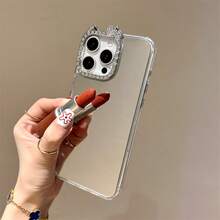 Y2K Style Rhinestone Camera Frame Mirror Phone Case, Shiny Diamond Bow Edge, Full Mirror Back Design, Shockproof Protective Cover For IPhone 17/16/15/14 Pro Max, Cute Gift For Girls - Clear - View 1