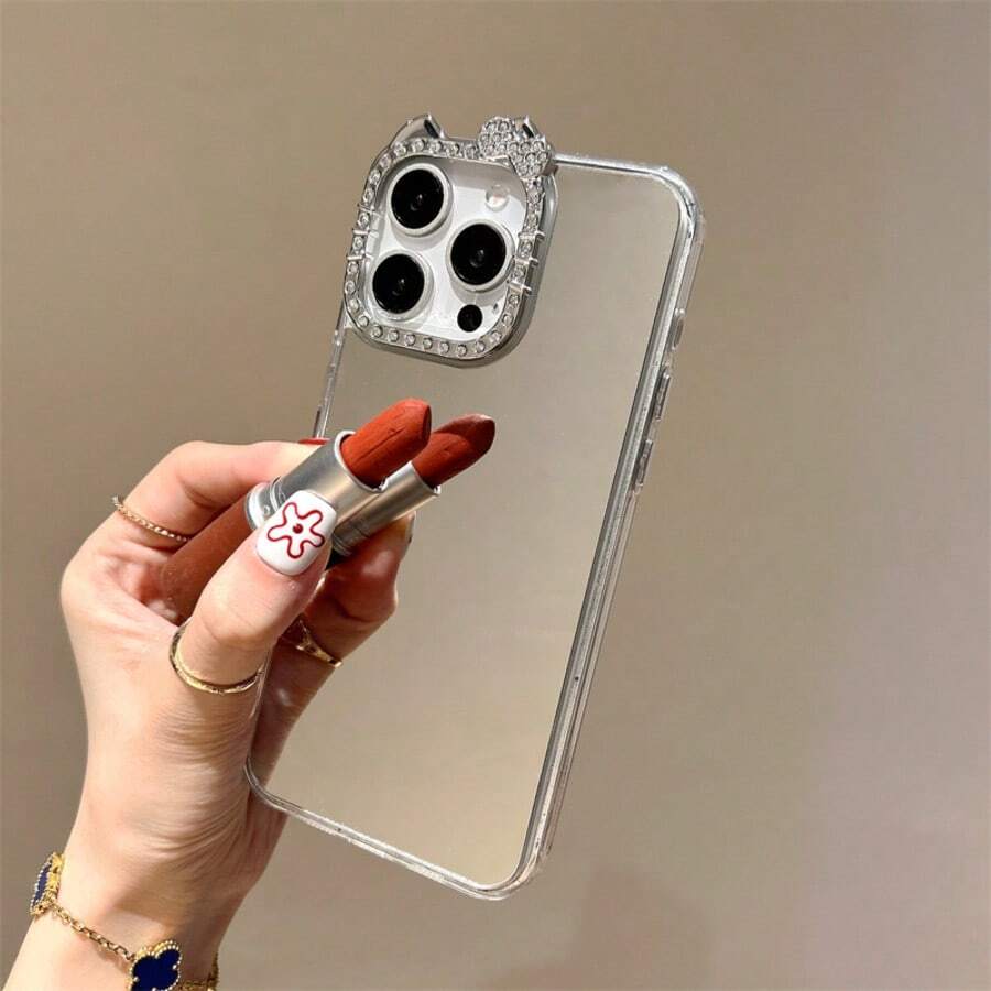 Y2K Style Rhinestone Camera Frame Mirror Phone Case, Shiny Diamond Bow Edge, Full Mirror Back Design, Shockproof Protective Cover For IPhone 17/16/15/14 Pro Max, Cute Gift For Girls - Clear - View 1
