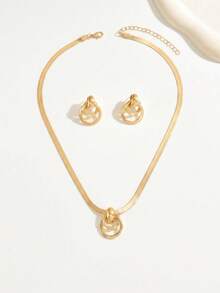 3pcs Elegant Autumn/Winter Jewelry Set: Geometric Double-Ring Pendant Necklace With Flat Snake Chain & Round Snake Chain Layered Choker, Fashionable Minimalist Metal Style, Suitable For Casual, Vacation, Exquisite & Versatile Accessory - Yellow Gold - View 5