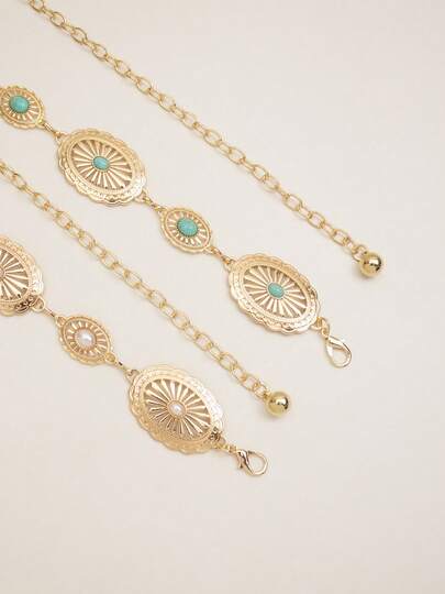 1pc Bohemian Vintage Turquoise & Faux Pearl Waist Chain, Gold Hollow Oval Sunflower Pattern Adjustable Waist Belt, Decoration For Dresses, Jeans