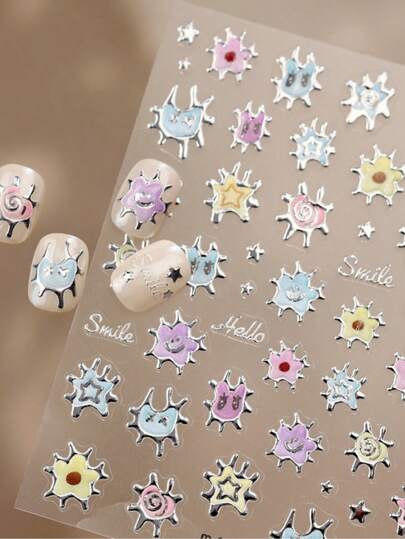 1 miếng dán móng tay 5D Kawaii hình mặt cười rối, lá bạc, hình ngôi sao hoạt hình, trái tim, phụ kiện trang trí móng tay DIY