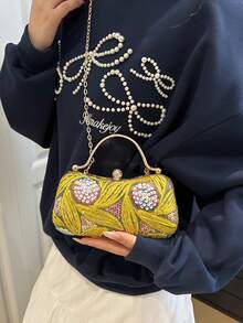 Túi cầm tay đính sequin họa tiết hoa, phụ kiện kim loại tinh tế, túi xách dạ hội sang trọng cho tiệc tùng, du lịch, trang phục trang trọng, túi đeo vai, túi đeo chéo, túi đựng điện thoại và son môi. - Màu vàng - Xem 5