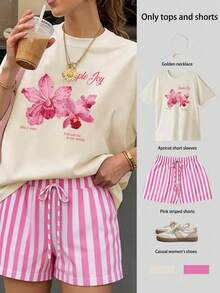 Conjunto casual de verano para mujer talla grande, con top de cuello redondo con estampado de orquídeas rosas y shorts a juego con rayas rosas, perfecto para vacaciones y elegancia veraniega - Multicolor - Ver 1