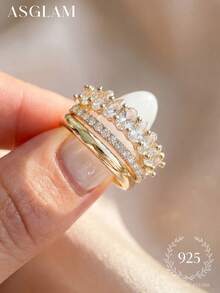 3pcs Zirconia Ring Set, 925 Sterling Silver Single Ring, Delicate Jewelry, Suitable For Girls Birthday, Prom Party Gift - Style 1 - View 8