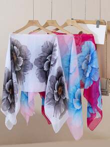 1pc Women's Lightweight Chiffon Floral Print Versatile Loose Fit Pearl Button Shawl Scarf, Suitable For Spring/Summer, Travel And Daily Use - Multicolor - View 1