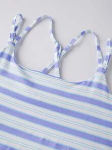 Women's Preppy Striped Tennis Mini Dress, Double Strap Sleeveless Square Neck Slim Fit Sporty Dress, Casual A-Line Activewear, Breathable Workout Dress For Golf Beach Vacation Summer  ﻿ - 藍色 - 查看 9