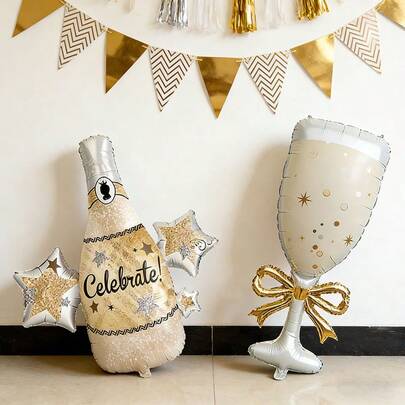 2pcs Large Champagne Bow Tie Balloon, Star Wine Bottle Aluminum Foil Balloon, Suitable For Birthday Party Decoration, Bachelorette Party, Cocktail Party, Theme Party, Holiday Decoration