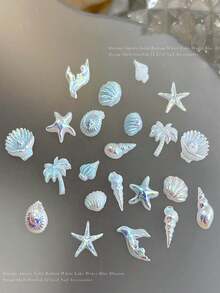 12格/盒 极光亮片海洋贝壳海星美甲饰品，3D炫彩美人鱼夏季海滩主题美甲装饰，树脂贝壳海螺海星美甲宝石，适用于亚克力指甲，女士及女孩DIY美甲用品 - 彩色 - 查看 2