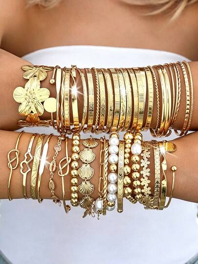20/15/7pcs Set Simple Fashionable Vintage Metal Geometric Asymmetrical Floral Bracelet Set, Suitable For Women, Sisters, Couples, Summer, Dates, Parties, Weddings, Gifts For Mom, Friends