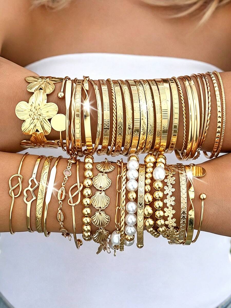Bộ 20/15/7 chiếc vòng tay kim loại kiểu dáng đơn giản, thời trang cổ điển, hình học, bất đối xứng và họa tiết hoa, thích hợp cho phụ nữ, chị em gái, các cặp đôi, mùa hè, hẹn hò, tiệc tùng, đám cưới, làm quà tặng cho mẹ, bạn bè. - Vàng - Xem 1