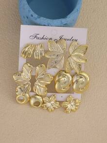 Set de 2/12 piezas de pendientes de metal dorado con elementos florales y geométricos de moda, set de pendientes elegantes para mujer, adecuado para uso diario y para ir al trabajo - Dorado - Ver 5