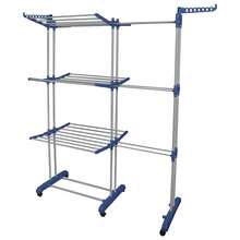 Séchoir à linge pliable avec 6 plateaux et 2 ailes latérales, Étendoir à 3 niveaux pour vetement et chaussures, Étendoir extensible par longueur 75-142.5cm,  Mobile avec 6 roulettes - Bleu gris - Voir 6