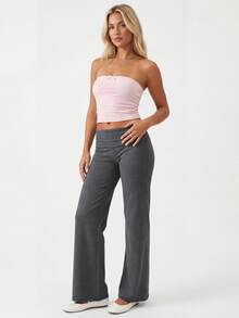 Women's Spring Summer Baggy Pants Foldover Waist Solid Color Loose Wide Leg Pants - Dark Grey - View 6