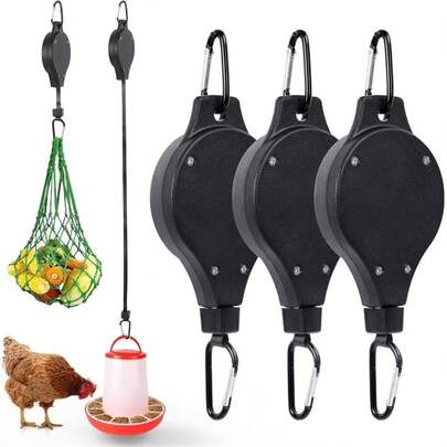 Bộ 3 máng ăn cho gà treo điều chỉnh được, có thể thu gọn | Móc treo dạng con lăn kèm móc trồng cây, phụ kiện, không dùng điện, không cần pin.