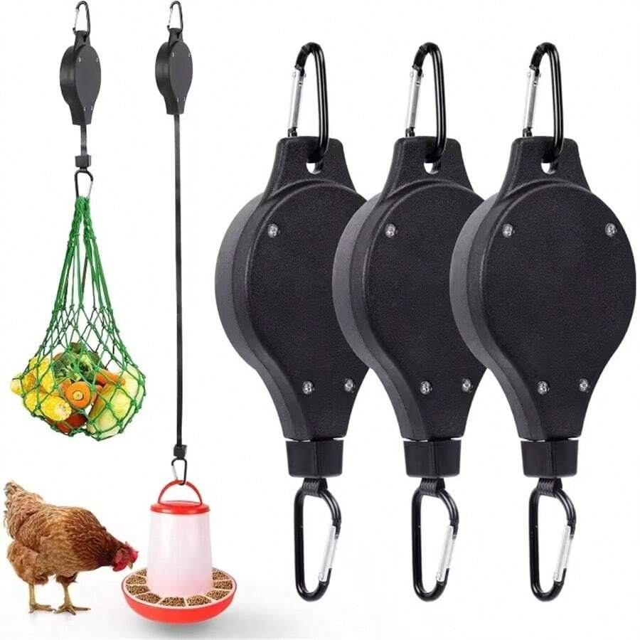 Bộ 3 máng ăn cho gà treo điều chỉnh được, có thể thu gọn | Móc treo dạng con lăn kèm móc trồng cây, phụ kiện, không dùng điện, không cần pin.