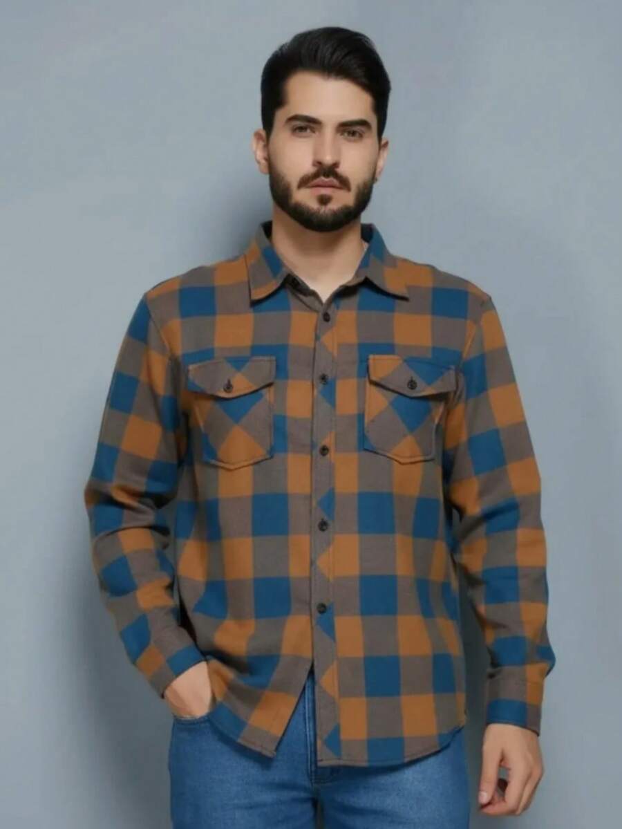 Men's Flannel Plaid Shirt With Pockets, Long Sleeves - Brown and Blue - View 1
