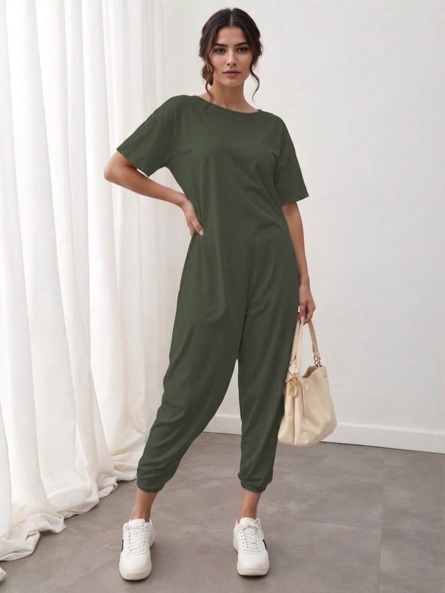 Enterizo mono jumpsuit mujer dama manga corta cuello redondo corte relajado color lila bolsillos laterales tejido suave cómodo estilo casual moderno versátil para uso diario Bolsillo aberturas - Verde militar - Ver 1