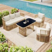 4-Tier PE Rattan Garden Furniture Set With 3-Seater Sofa, 2-Seater Chair And Glass Table – Outdoor Lounge Set With Polyester Sofa, Steel And Glass Table For Patio And Balcony - 米色 - 查看 3