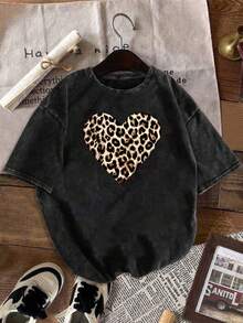 Áo thun ngắn tay nữ cỡ lớn in họa tiết da báo rách rưới kiểu retro, hình trái tim, cổ tròn, phong cách đường phố mùa hè, thiết yếu cho hàng ngày, đi học, đi chơi, mùa xuân/hè. Màu đen. - màu đen - Xem 1