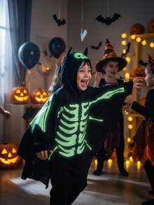 Kids Glow-In-The-Dark Bat Cape Set | Halloween Glow Skeleton Costume, Festival Performance Outfit, Dark Character Cosplay - Black - View 5