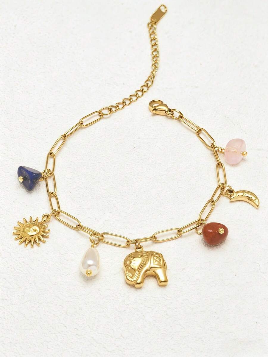 1pc 18K Gold Plated Stainless Steel Women's Bracelet, Ins Style, Paperclip Chain, Elephant, Moon, Sun, Pearl, Natural Stone Decor, Colorful Bracelet, Women's Jewelry, Stainless Steel Bracelet, Delicate Gift, Elegant Bracelet, Bohemian Style - Titanium Steel Bracelet - View 1