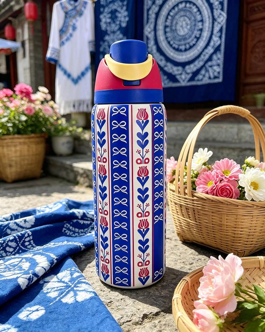 0waIaa Blue Pattern Stencil Aquarius Stainless Steel Bottle, With A Capacity Of 32 Oz (945 Ml), Can Retain Heat For Up To 24 H. It Can Keep Both Hot And Cold Beverages Warm, Suitable For Brewing Coffee And Making Iced Drinks. The Design Is Exquisite And It Is Suitable For Use In Various Occasions Valentine's Day. - 水鴨藍 - 查看 1