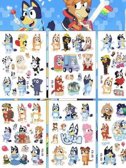 Bluey 6张布鲁伊主题可爱涂鸦贴纸，适合节日派对、生日、剪贴簿、笔记本、水瓶装饰和行李箱手工用品，是送给朋友的最佳礼物。