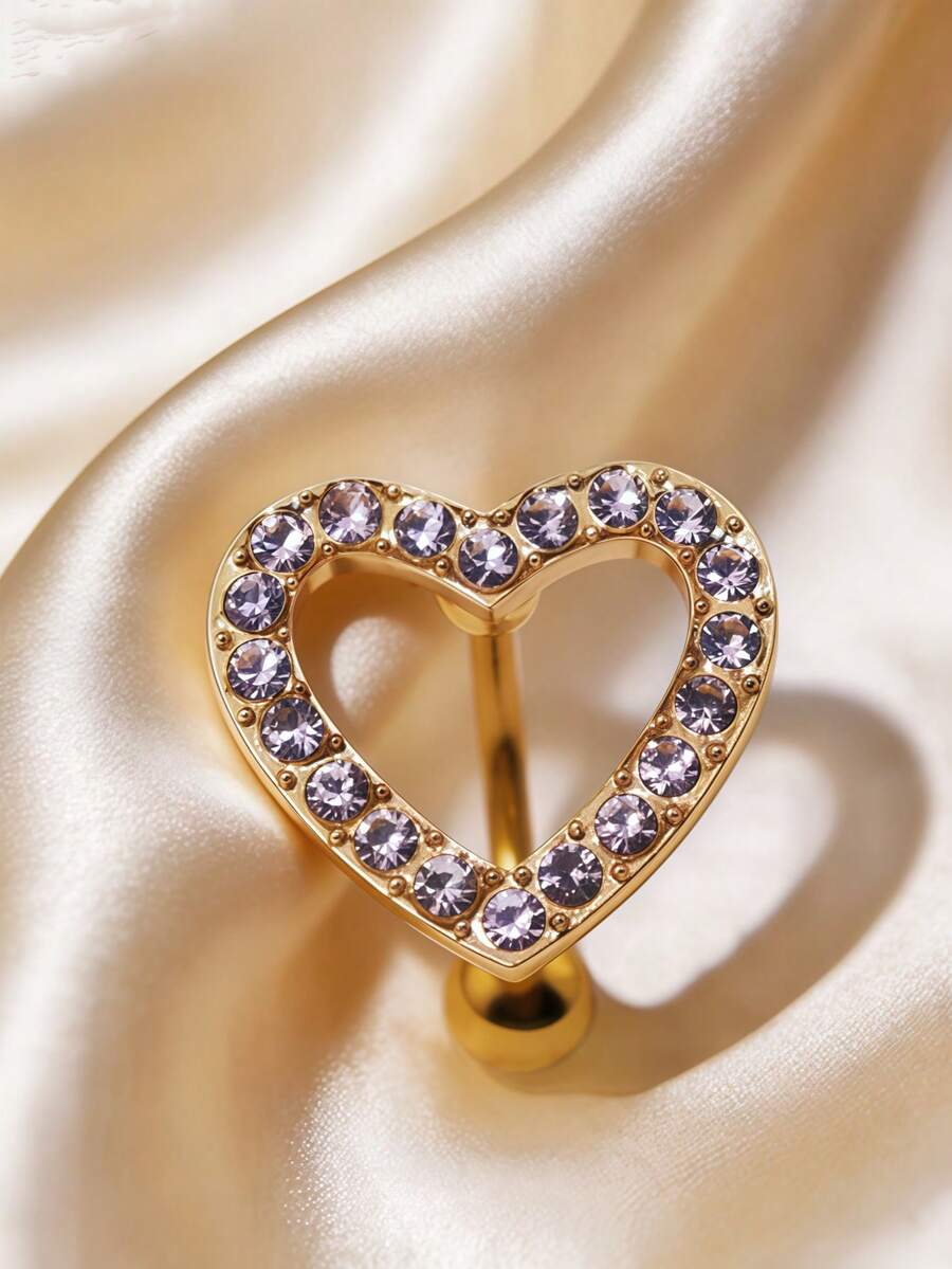 1 pieza Anillo de ombligo de acero inoxidable con corazón hueco y rhinestones - Amarillo Oro - Ver 1