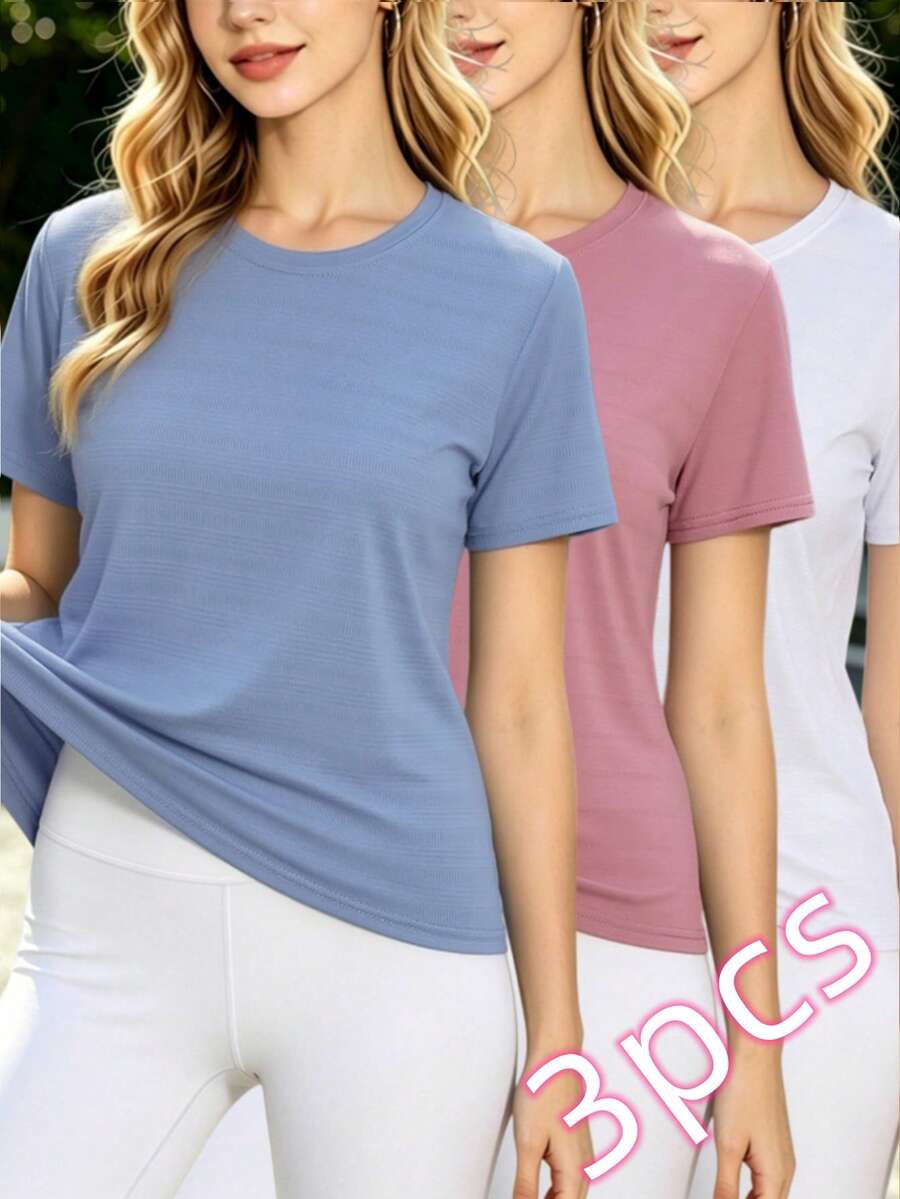 3pcs/Set Women Short Sleeve T-Shirts, Summer Sports Quick-Dry Breathable Yoga Tops, Outdoor Travel Running Fitness Clothes - Multicolor - View 1